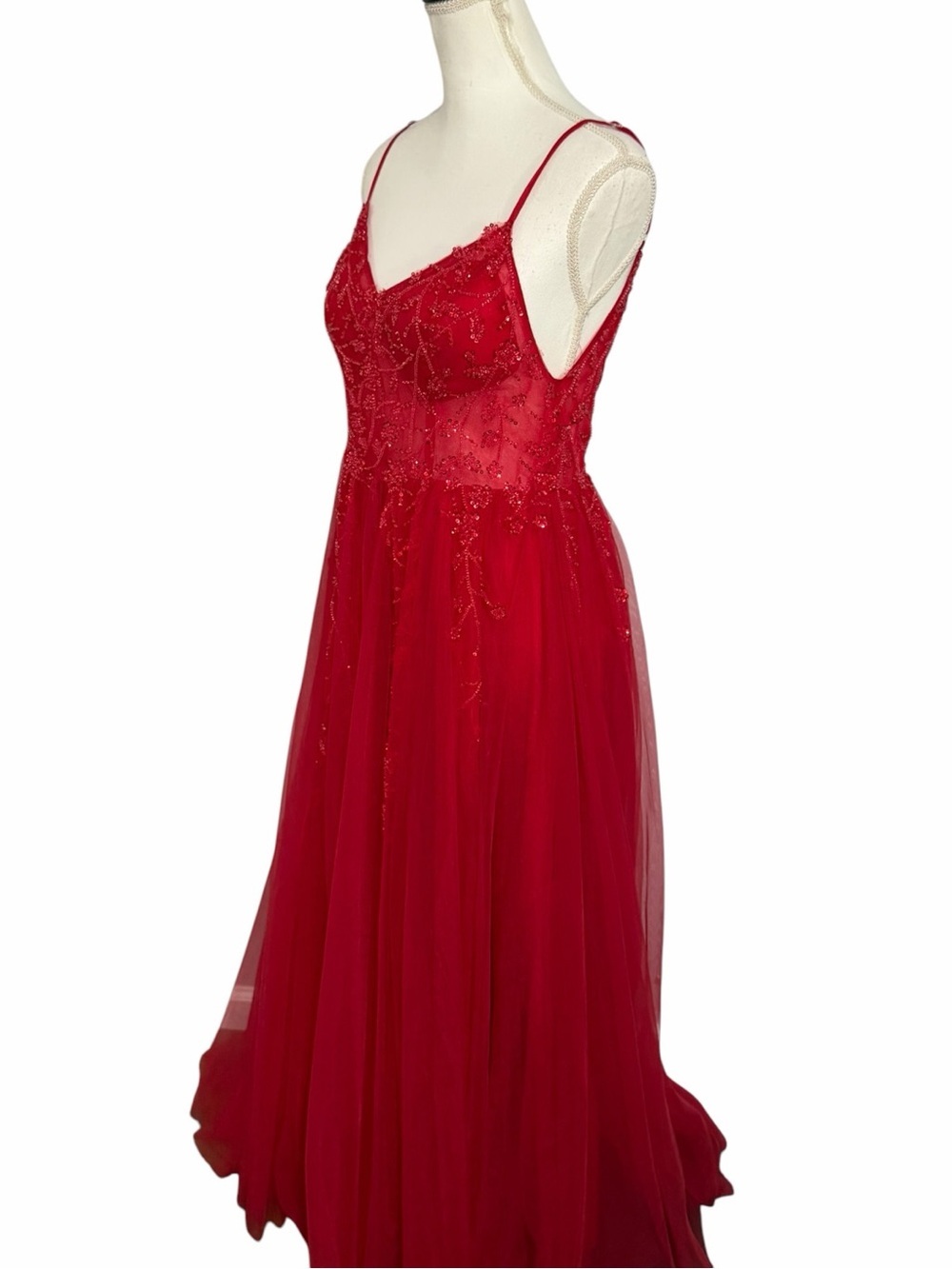 Red Beaded Tulle Evening Gown by Stacees sz 10 (approx) worn once